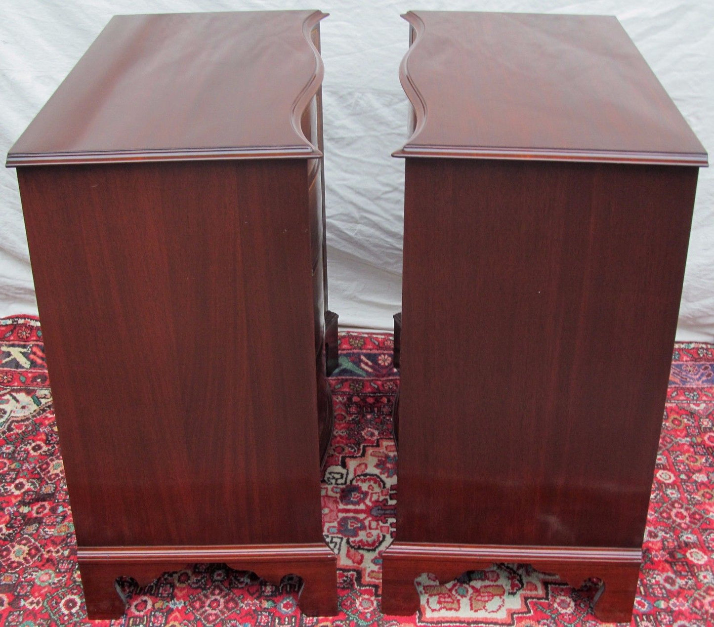 PAIR OF CHIPPENDALE SERPENTINE INLAID MAHOGANY BACHELORS DRESSERS BY J. GERTE