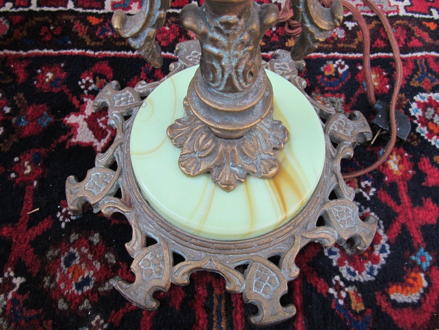 PAIR OF ART NOUVEAU GREEN SLAG GLASS ANTIQUE BRIDGE LAMPS
