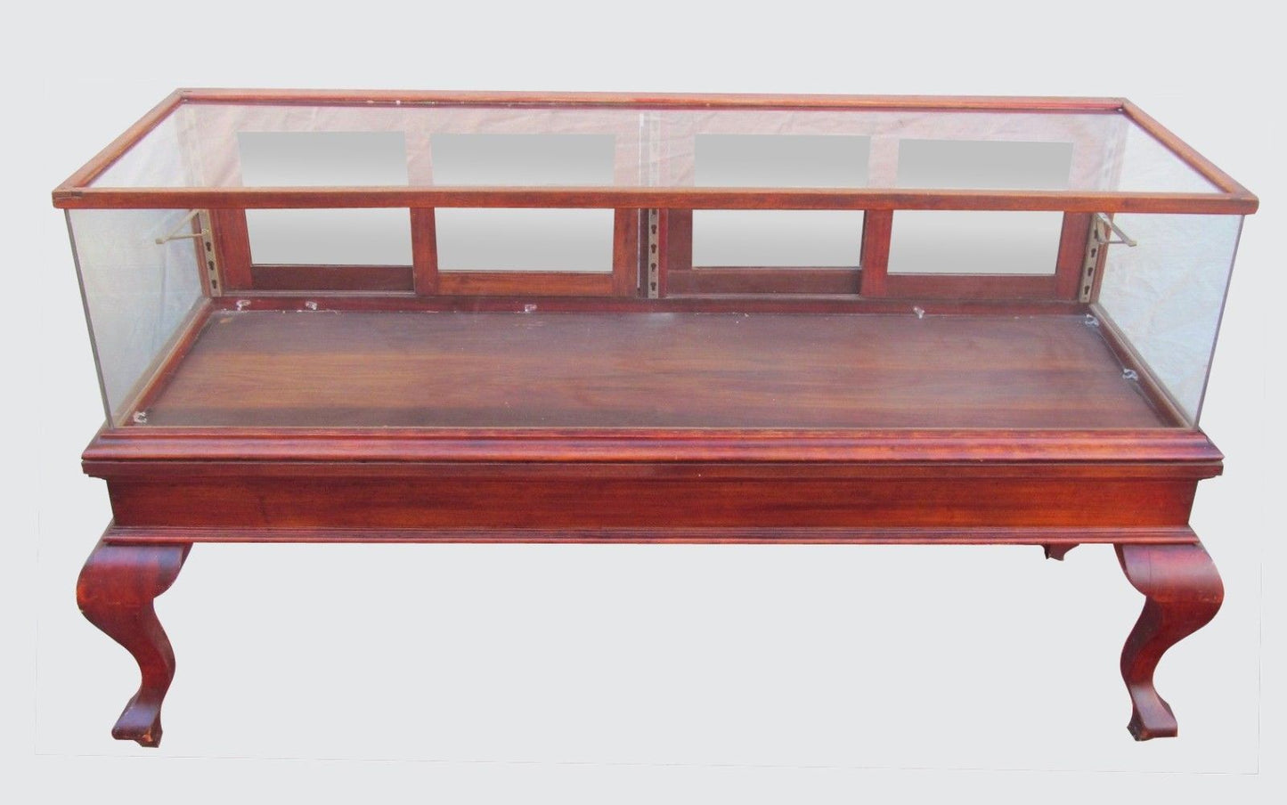 FANCY VICTORIAN BIRCH DISPLAY CASE ON TALL CABRIOLET LEGS