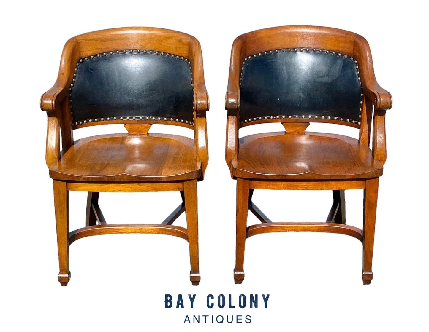Antique Pair Of Walnut Armchairs with Leather Backs - Milwaukee Chair Company