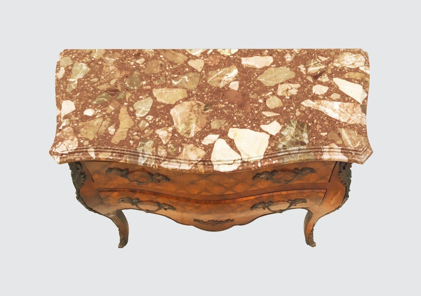 FRENCH LOUIS XV STYLED MARBLED TOPPED BOMBE FORMED DRESSER CONSOLE