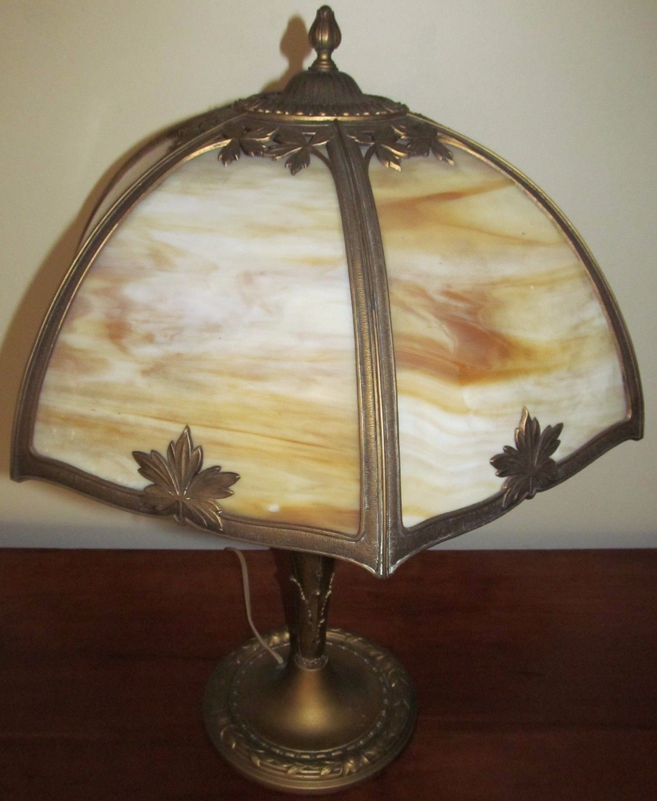 ARTS & CRAFTS MILLER TABLE LAMP WITH CARAMEL COLORED 6 PANEL FILIGREE SHADE