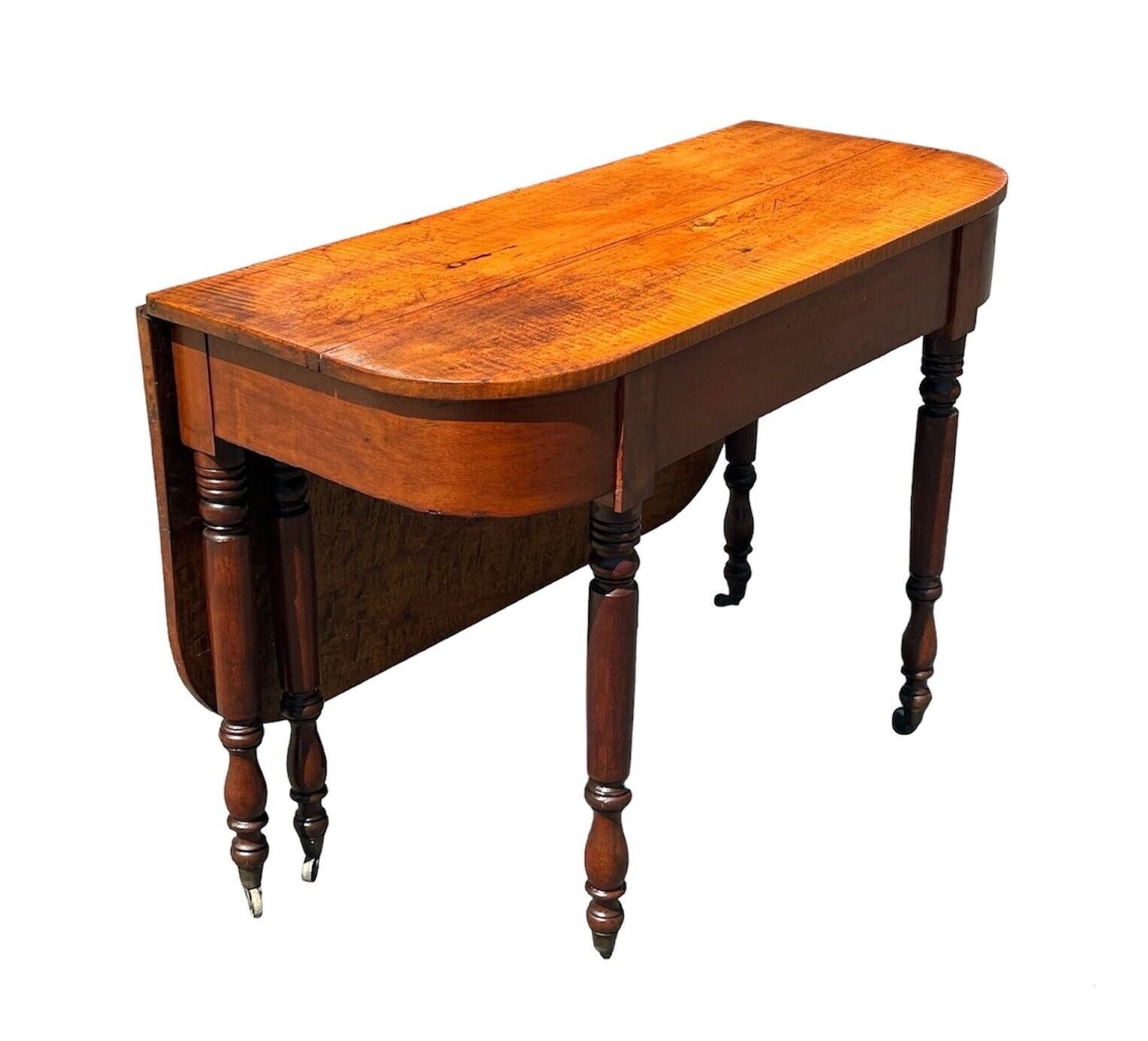 Early 19th Century Antique Federal Tiger Maple & Cherry Dropleaf Bakers Table
