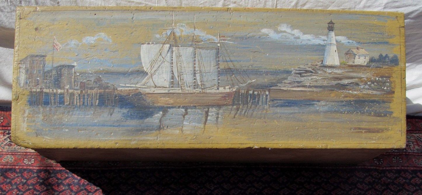18TH CENTURY CANTED SEA CHEST WITH 1944 ARTIST PAINTED HARBOR & LIGHTHOUSE