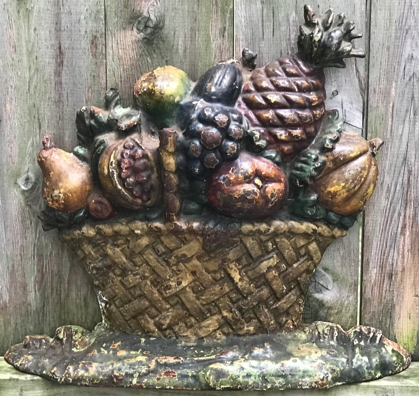 ANTIQUE HUBLEY CAST IRON BASKET OF FRUIT DOORSTOP W/ POLY CHROME PAINT