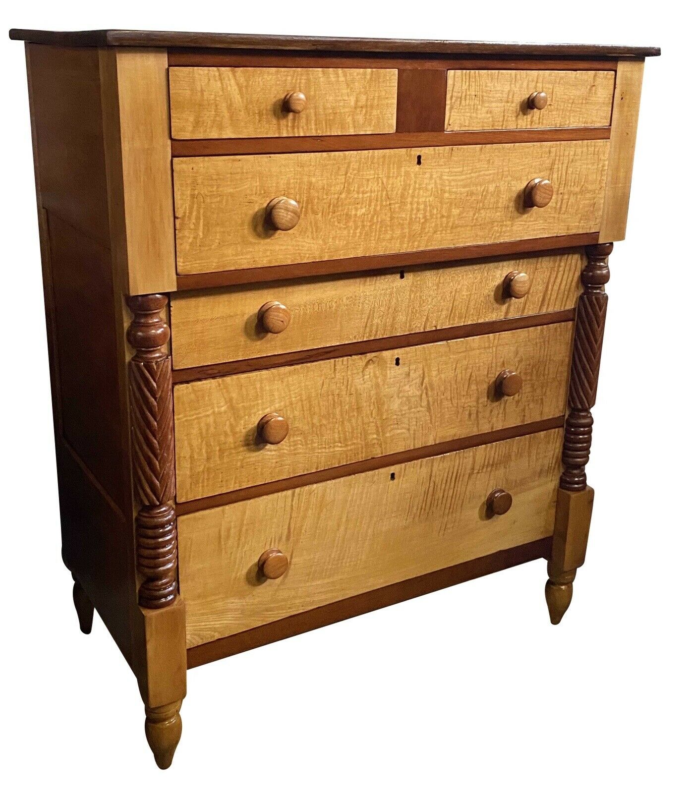 19th C Antique Pennsylvania Sheraton Cherry & Tiger Maple Dresser / Chest