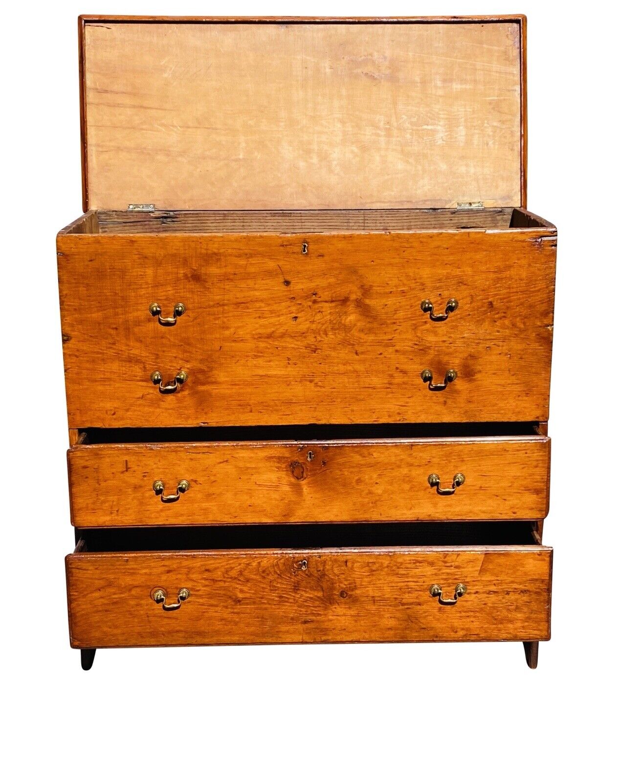 18TH C ANTIQUE NEW ENGLAND QUEEN ANNE PUMPKIN PINE BLANKET CHEST WITH 2 DRAWERS