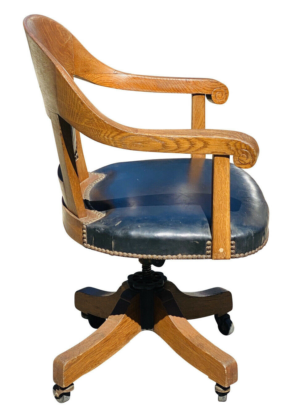 19TH C ANTIQUE VICTORIAN TIGER OAK LEATHER SEAT SWIVEL OFFICE DESK CHAIR