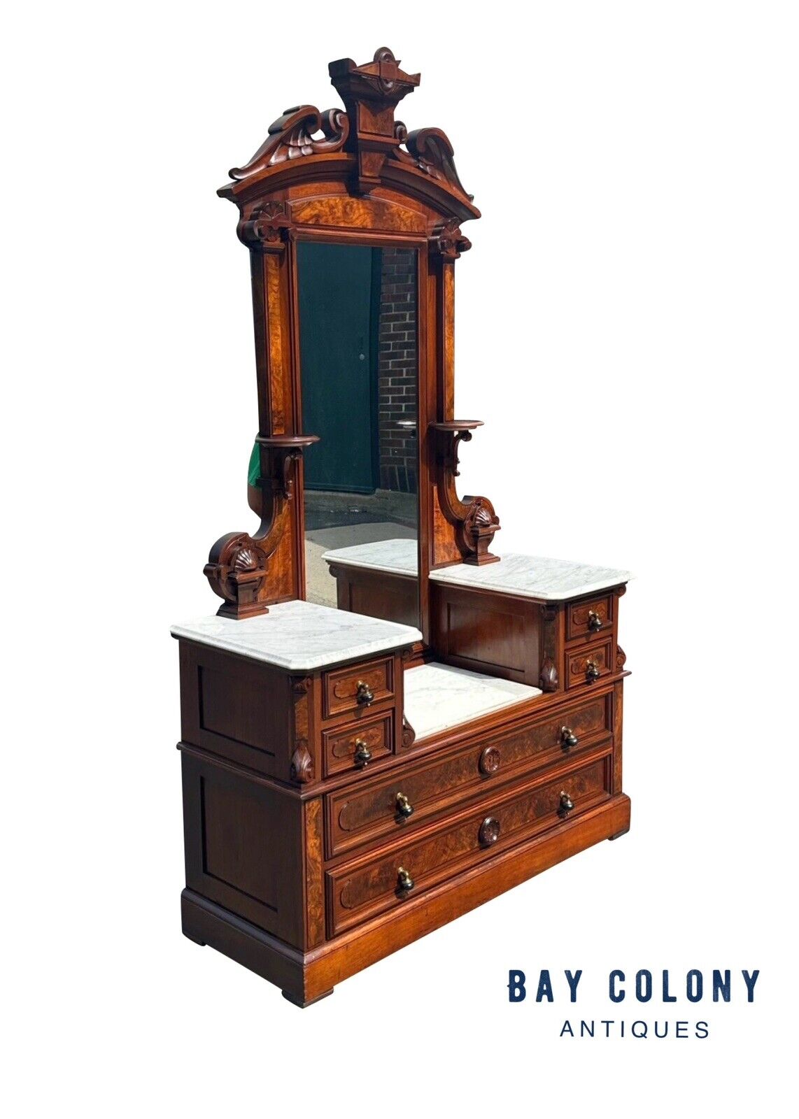 Antique Victorian Burled Walnut Marble Top Dresser With Fine Shell Carved Mirror
