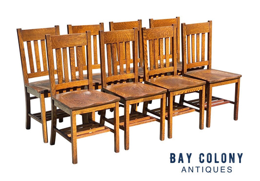 20th C Antique Arts & Crafts Set of 8 Tiger Oak Dining Chairs