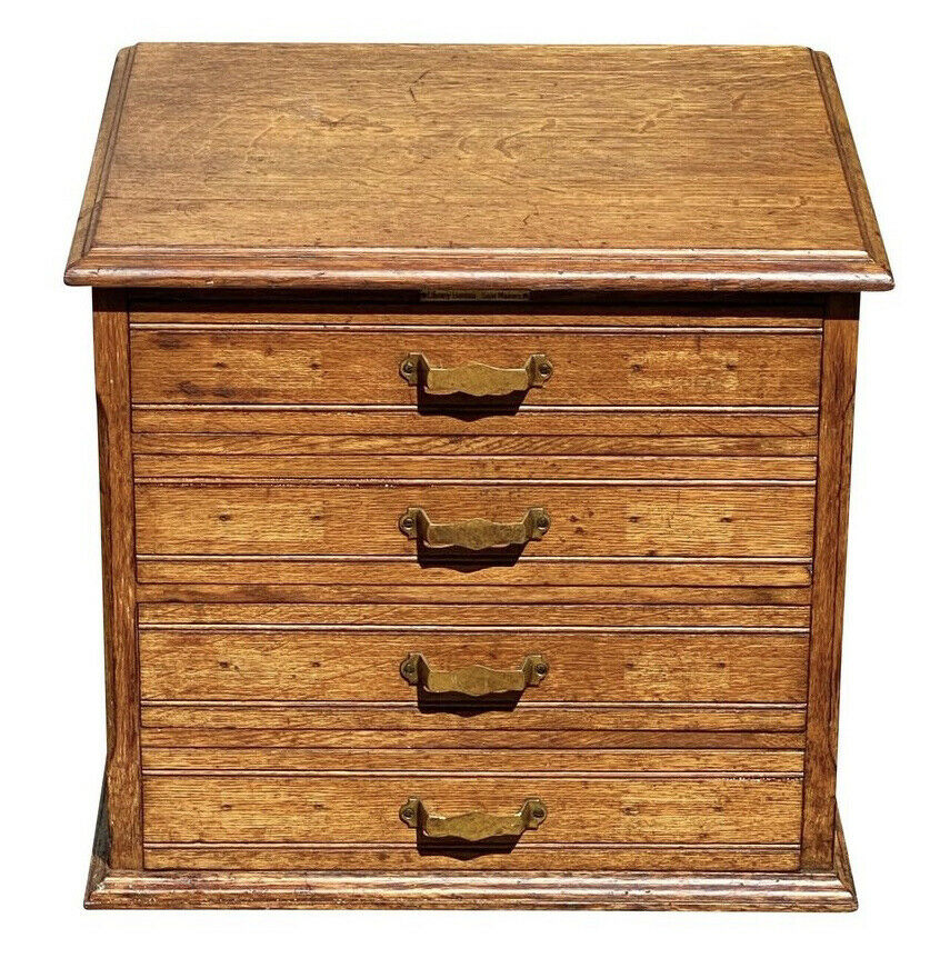 20TH C ANTIQUE TIGER OAK 4 DRAWER LIBRARY BUREAU MAKERS DESKTOP FILE CABINET
