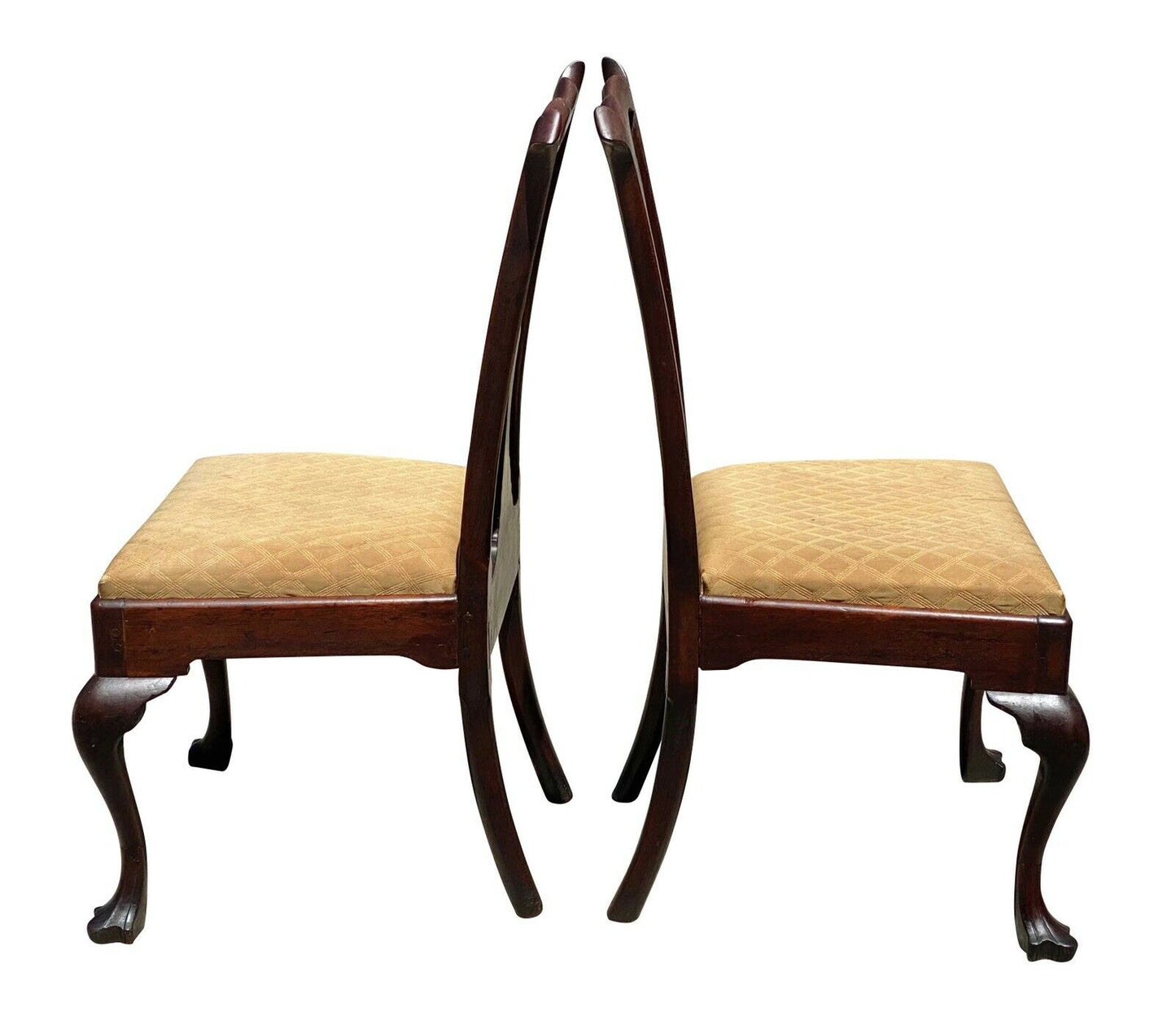 18TH C ANTIQUE PAIR OF PENNSYLVANIA CHIPPENDALE WALNUT TRIFID FOOT SIDE CHAIRS