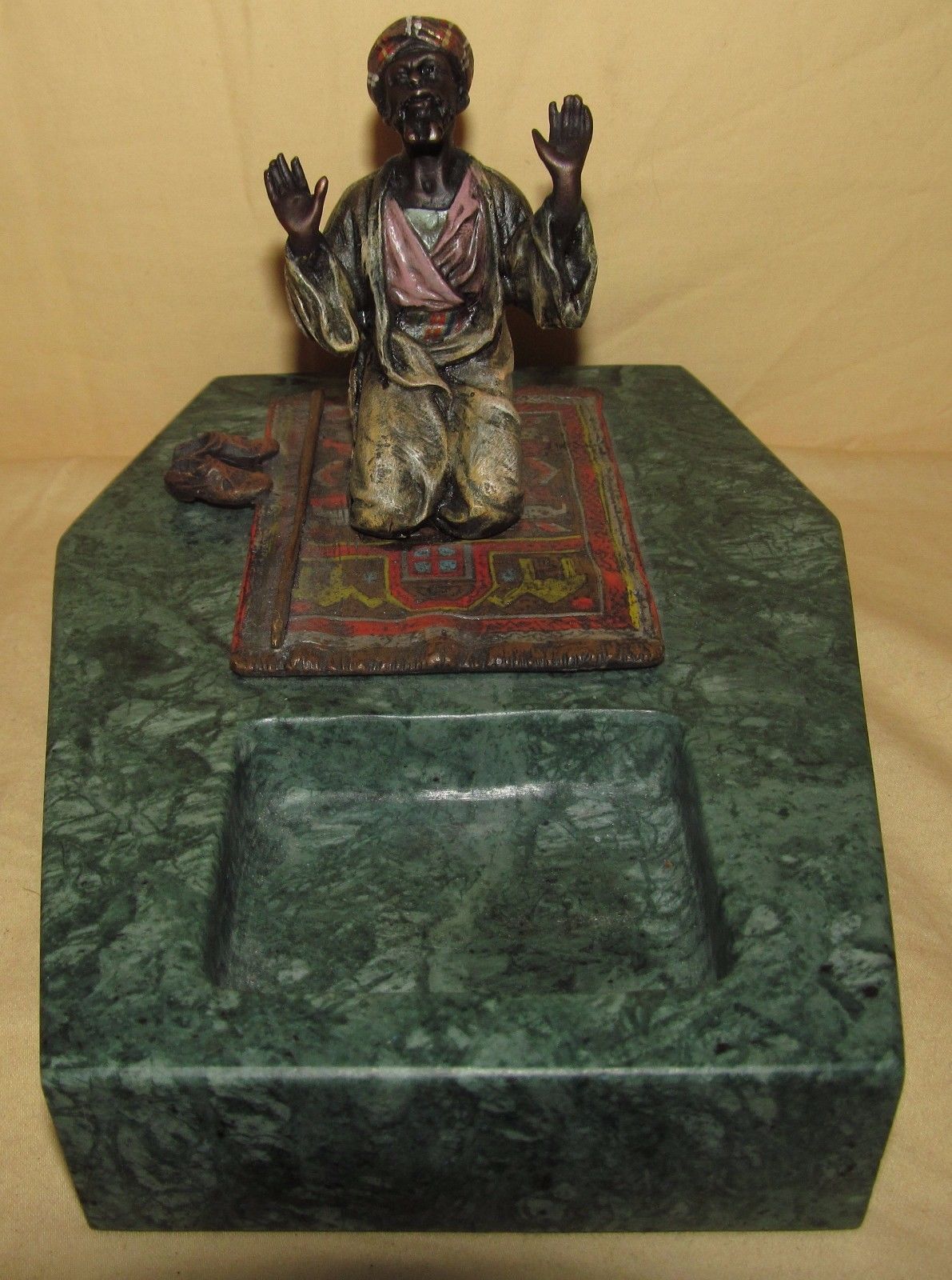 FRANZ BERGMAN AUSTRIAN COLD PAINTED BRONZE RING TRAY OF PRAYER ON ORIENTAL RUG