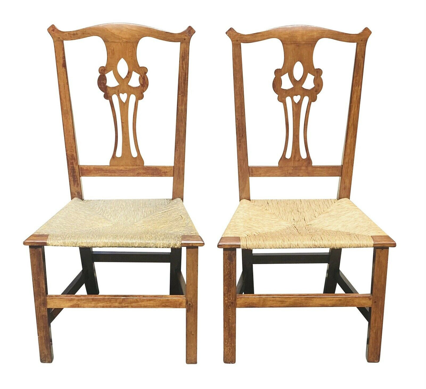18th C Antique Pair Of Chippendale Side Chairs With Rush Seat & Heart Carving