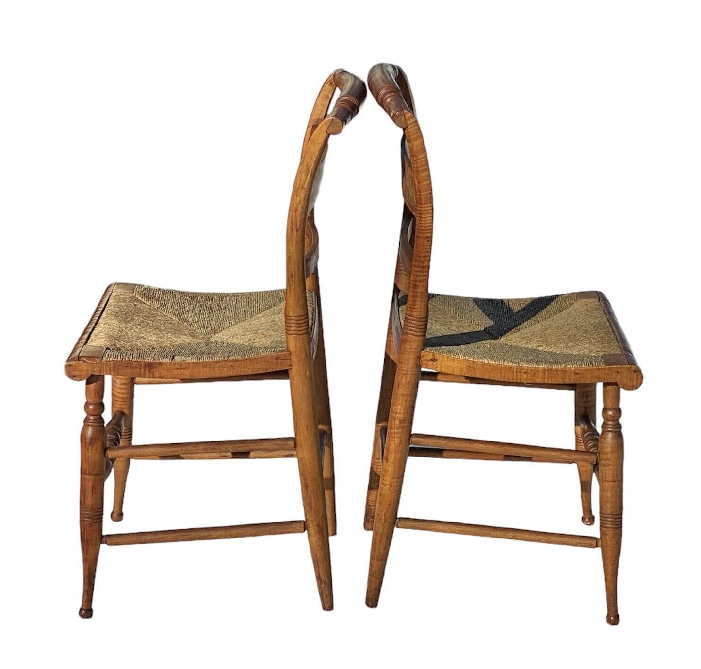 Antique Pair of Tiger Maple Side Chairs with Rush Seats