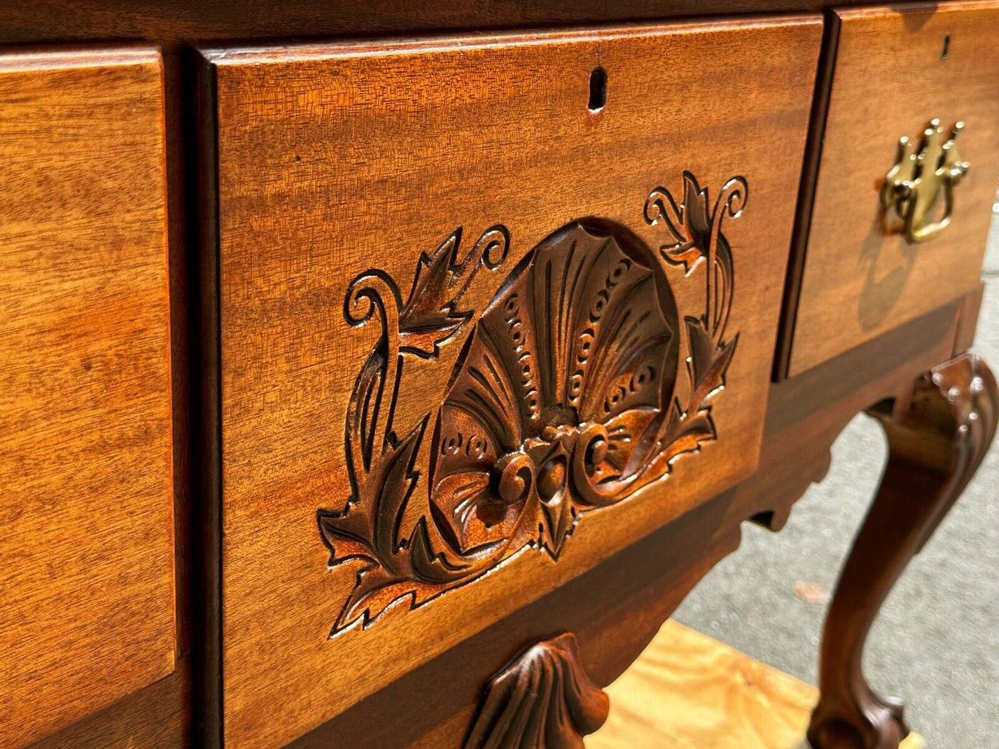 Antique Chippendale Style Mahogany Shell Carved Highboy on Ball & Claw Feet