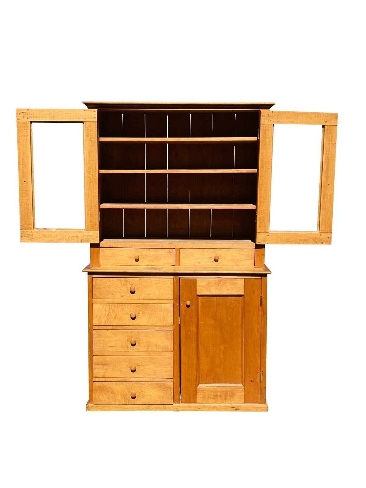 19TH C COUNTRY PRIMITIVE ANTIQUE SHAKER MAPLE CABINET / STEP BACK CUPBOARD HUTCH