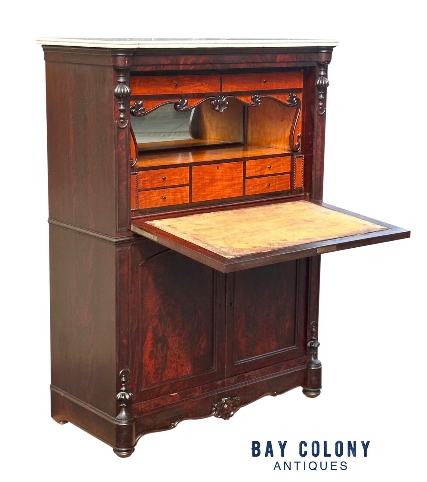 Antique Biedermeier Mahogany & Satinwood Secretary Abattant Desk With Marble Top