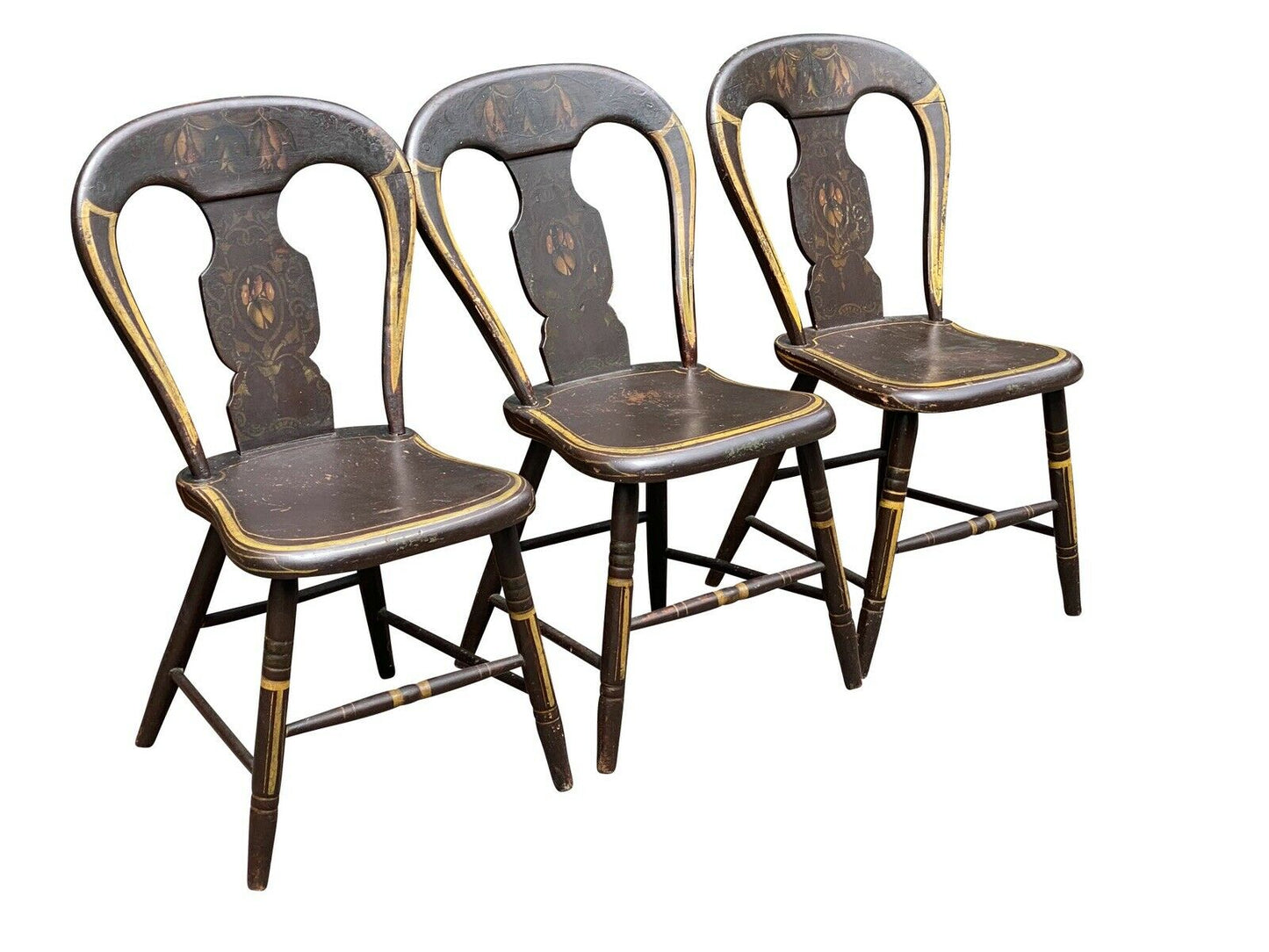 Antique Country Primitive Set of 6 Fancy Paint Hoop Back Windsor Chairs