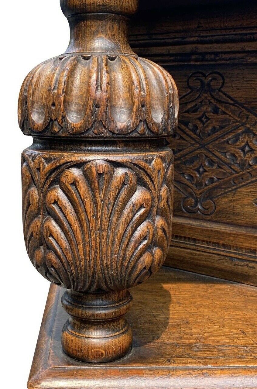 19th C Antique Tiger Oak Carved Jacobean Style Court Cupboard / Sideboard