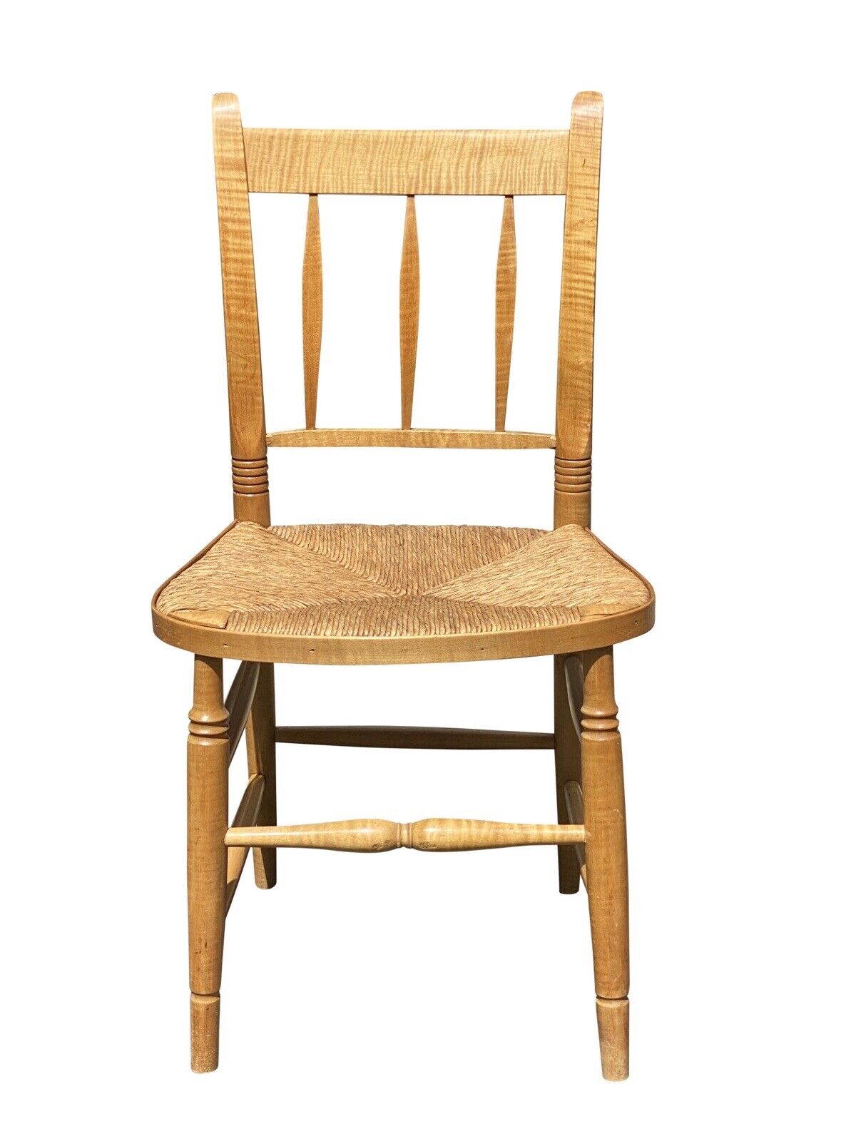 Set of Eight Federal Style Tiger Maple Country Windsor Thumb Back Dining Chairs