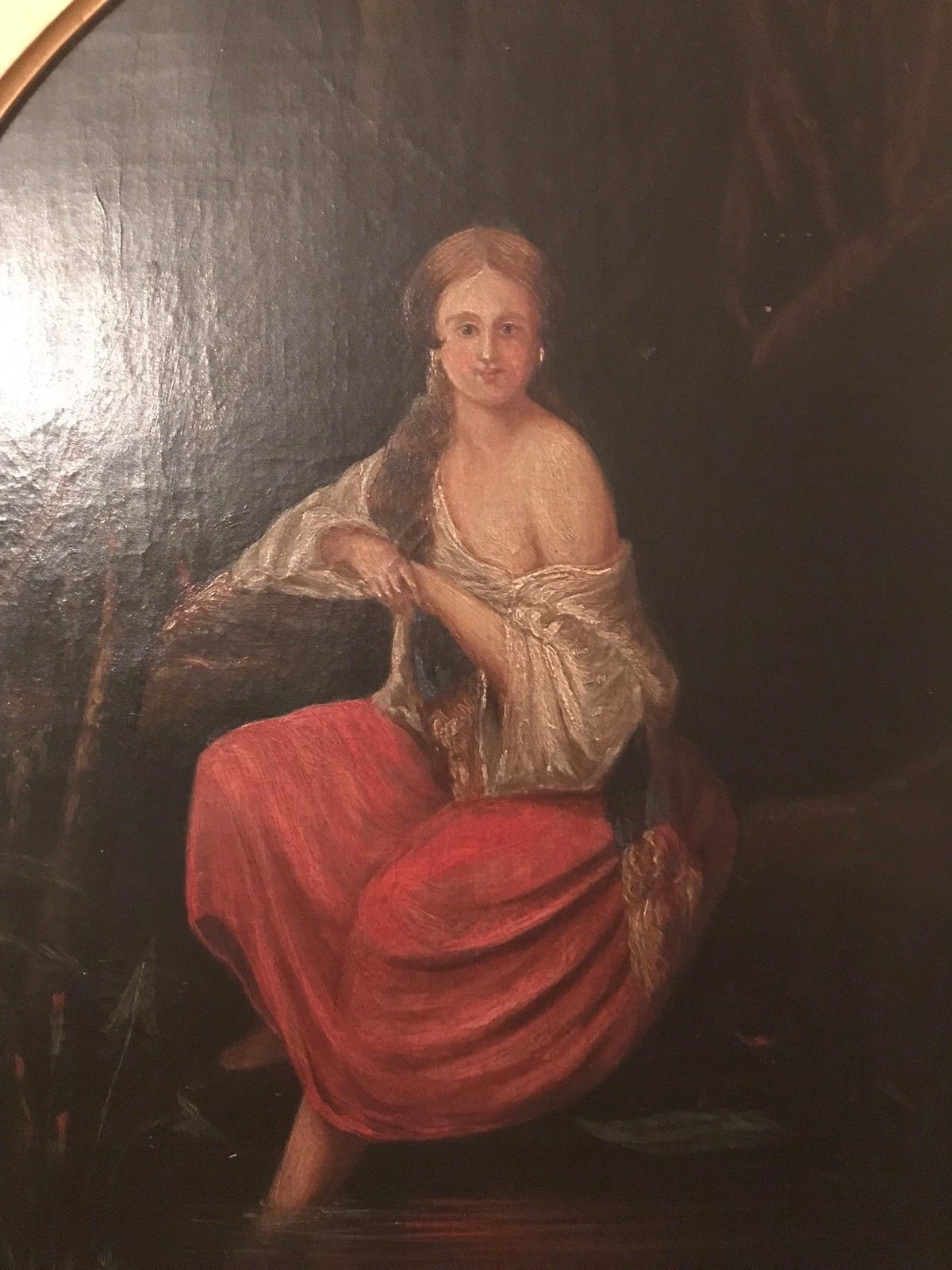 19TH CENTURY HUDSON RIVER VALLEY OIL ON CANVAS OF SEMI CLAD WOMAN IN MOONLIGHT