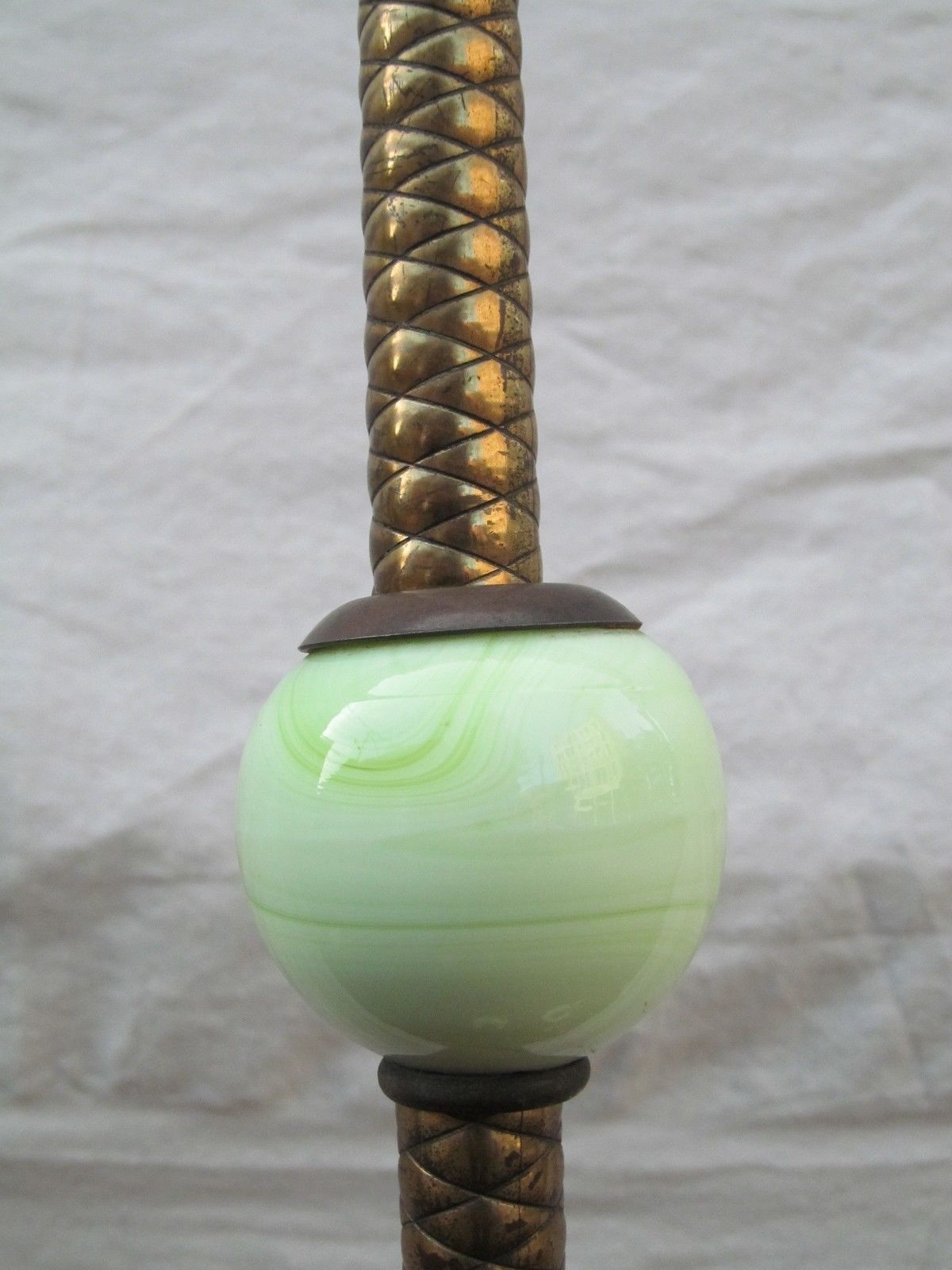 PAIR OF ART NOUVEAU GREEN SLAG GLASS ANTIQUE BRIDGE LAMPS