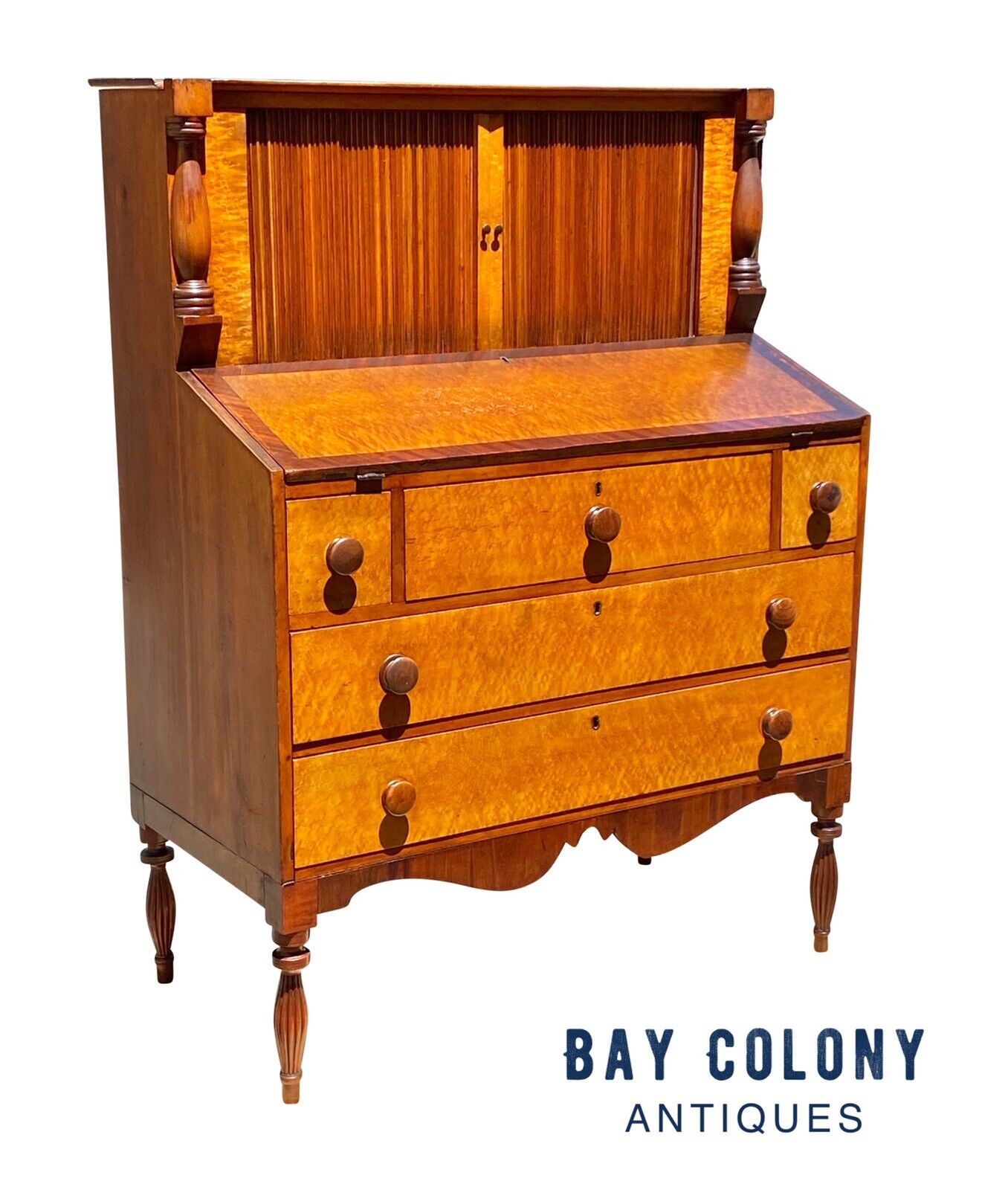 Antique Sheraton Birds Eye Maple & Cherry Vermont Tambour Secretary Desk