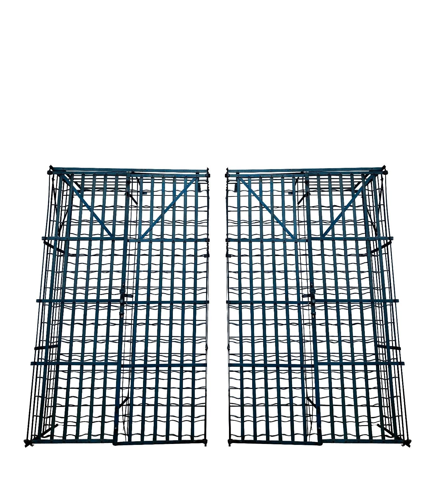 RARE & IMPORTANT PAIR FRENCH ART DECO ANTIQUE IRON WINE RACKS WITH LOCKING DOORS
