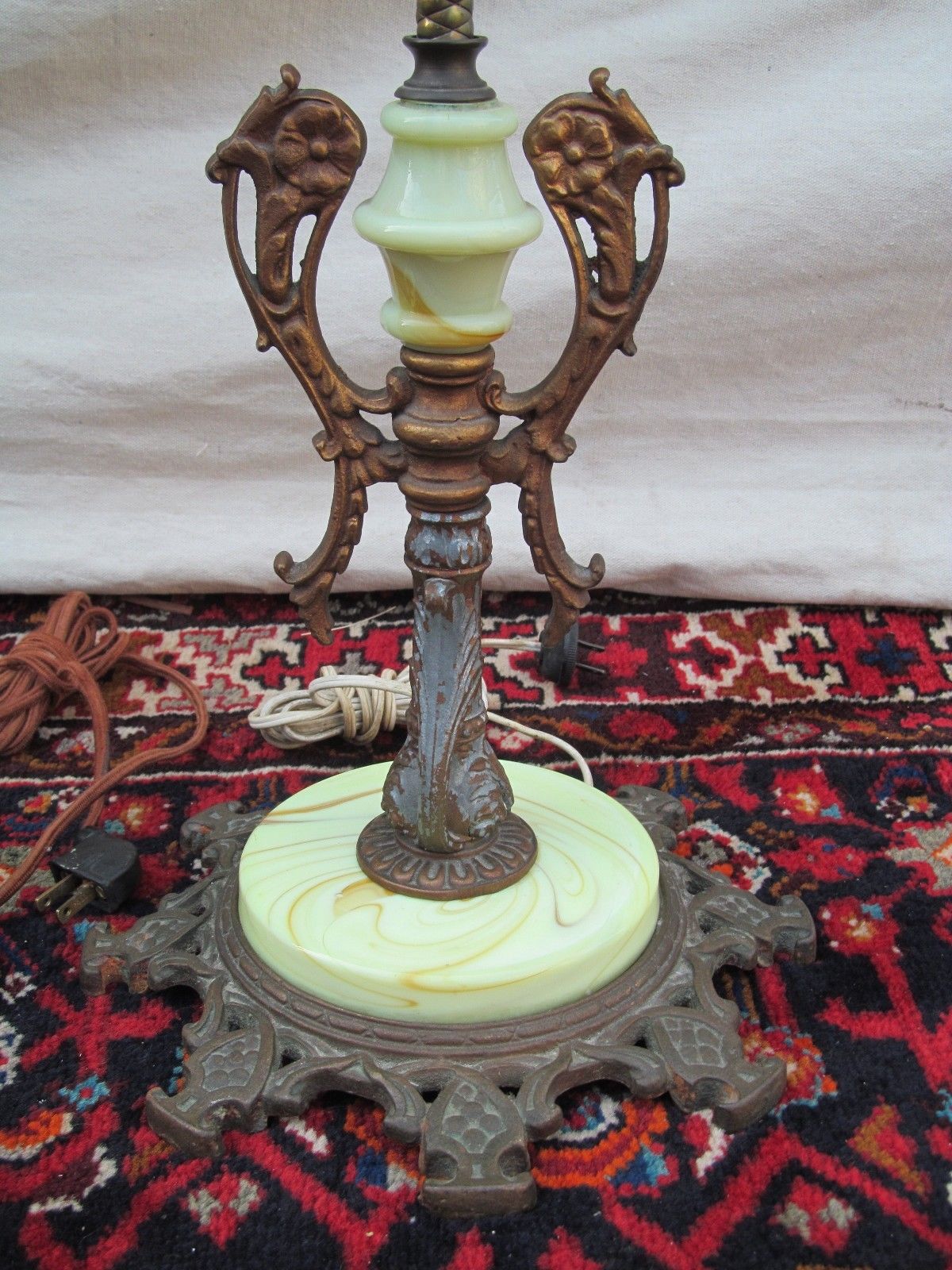 PAIR OF ART NOUVEAU GREEN SLAG GLASS ANTIQUE BRIDGE LAMPS