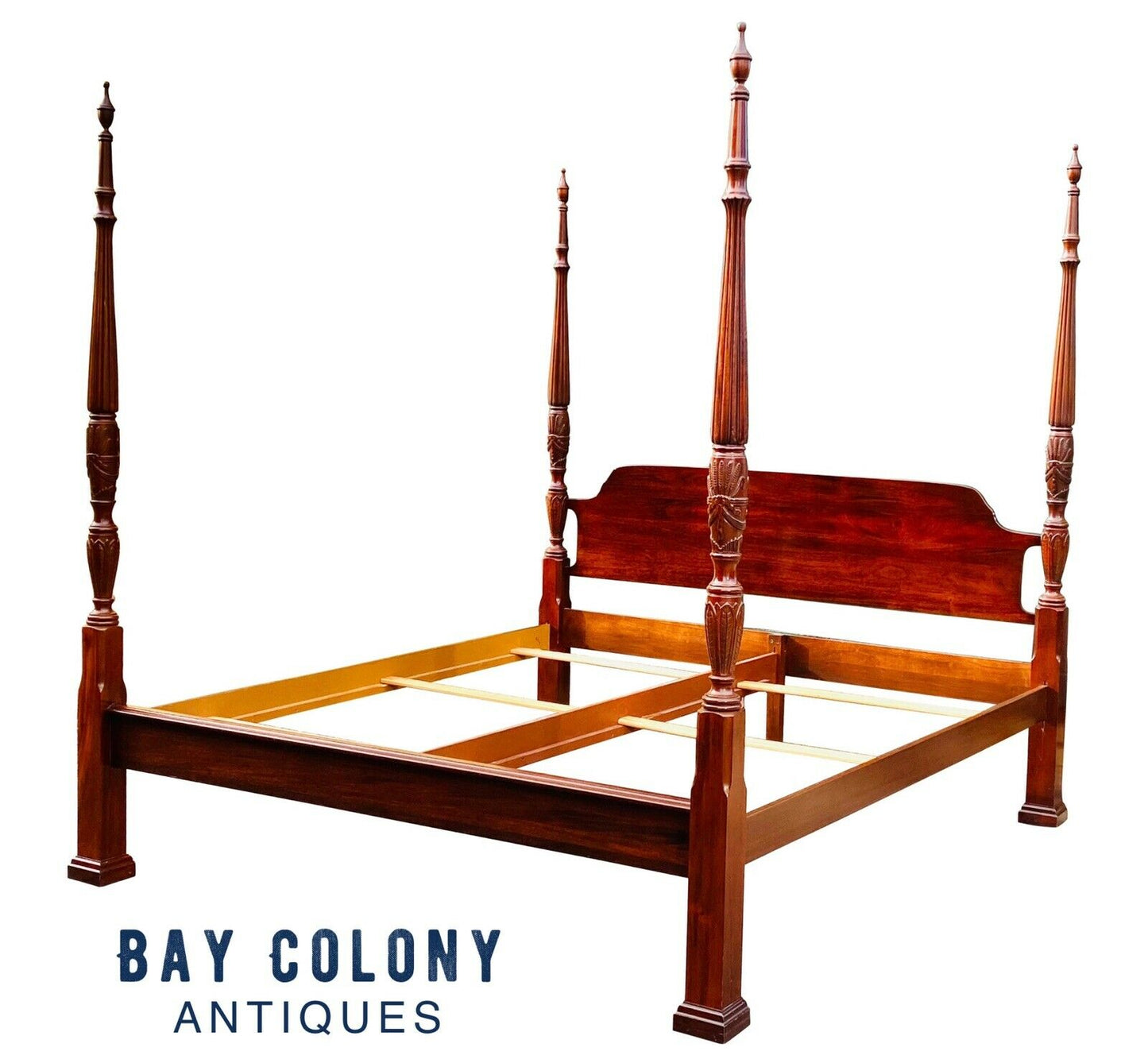 20TH C CHIPPENDALE ANTIQUE STYLE KING SIZE MAHOGANY RICE CARVED PLANTATION BED