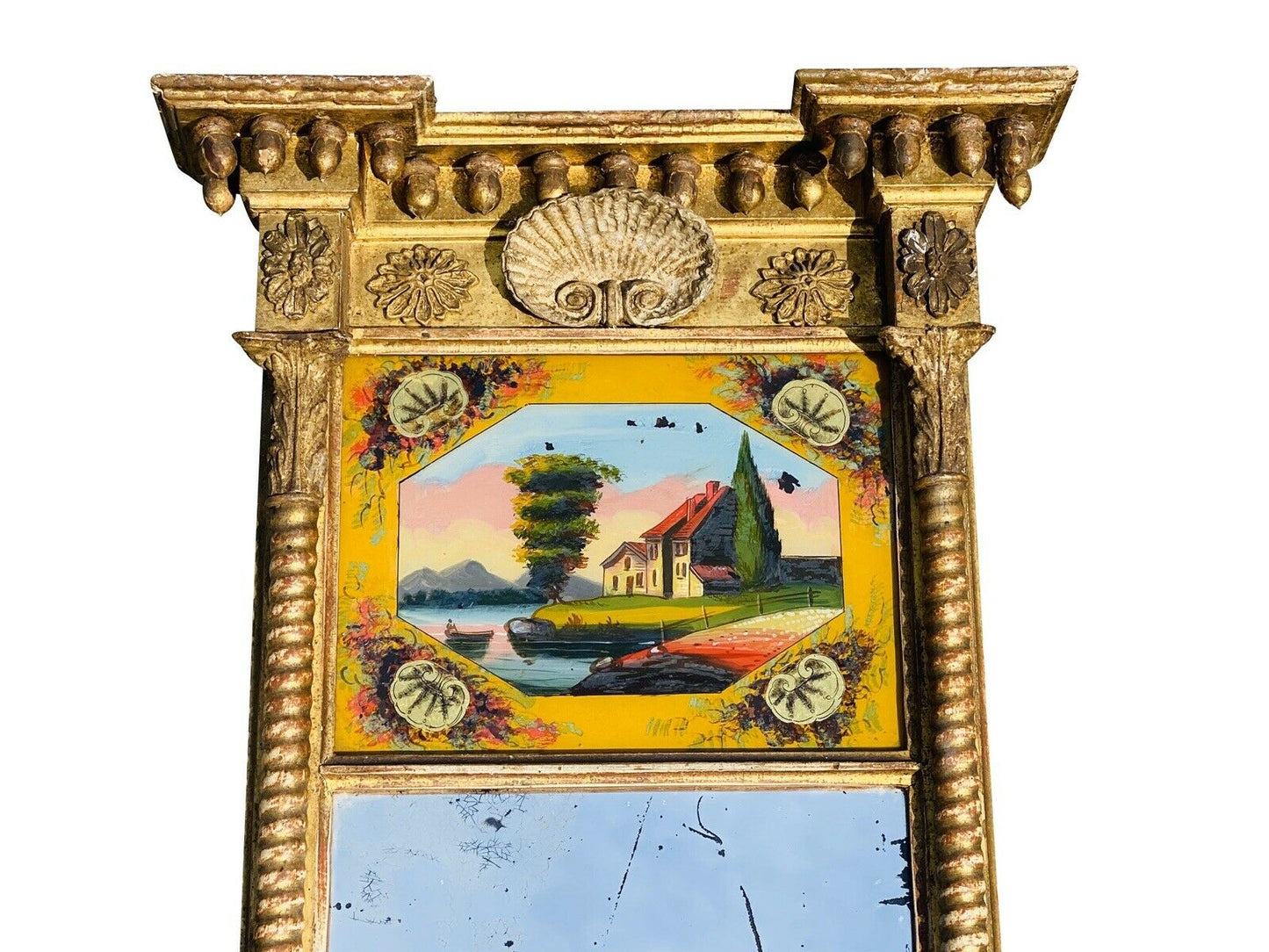 19TH C ANTIQUE FEDERAL PERIOD SHELL CARVED GILT TABERNACLE MIRROR