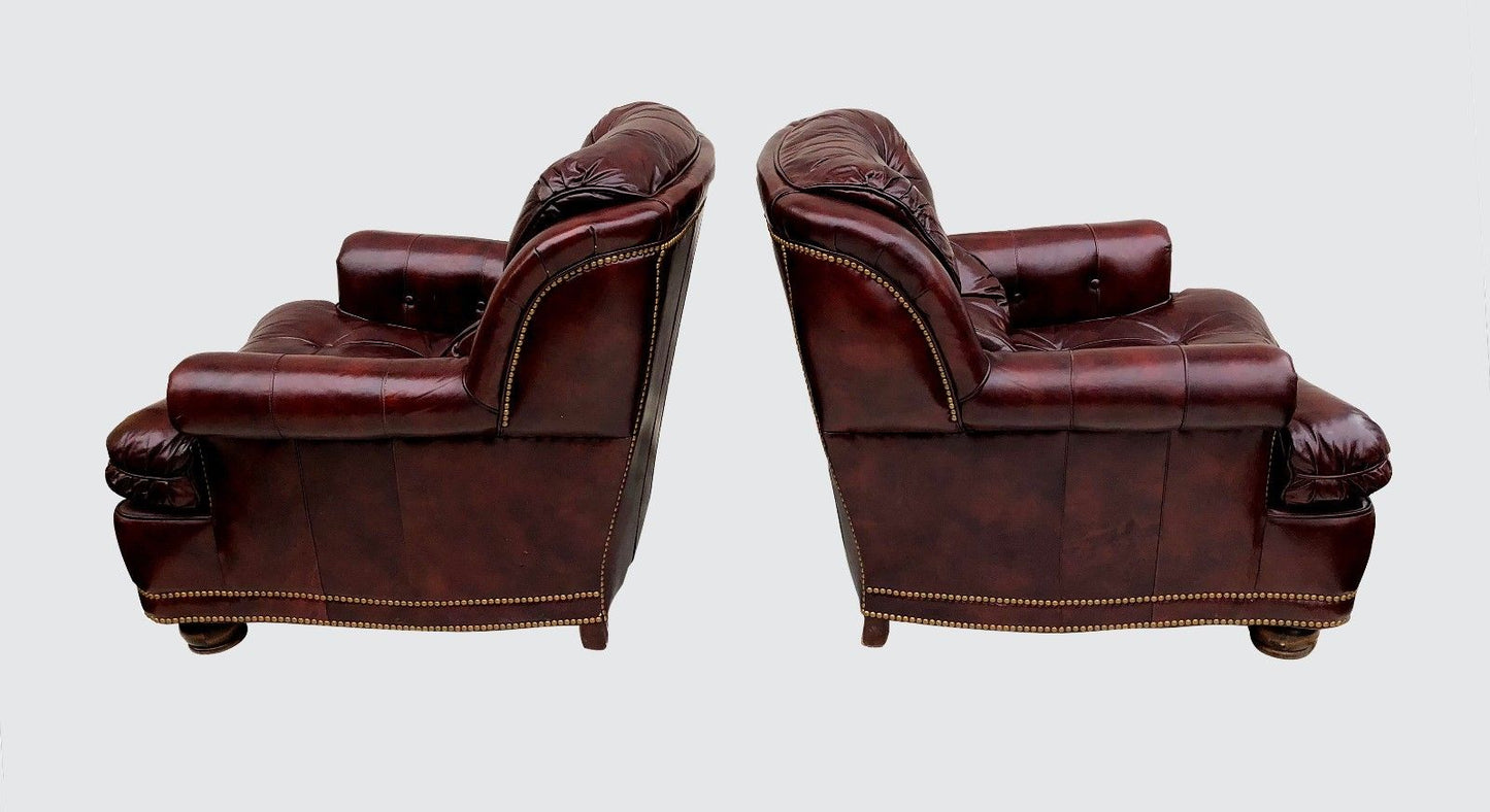 PAIR HANCOCK & MOORE WINE COLORED LEATHER CHESTERFIELD CLUB CHAIRS