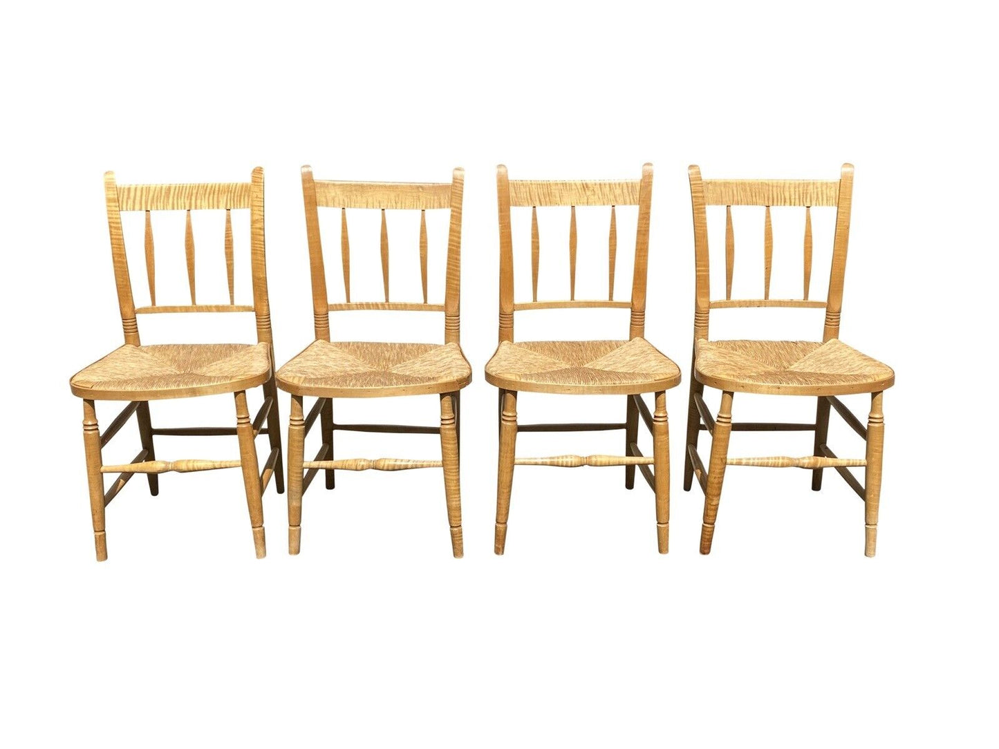 Set of Eight Federal Style Tiger Maple Country Windsor Thumb Back Dining Chairs