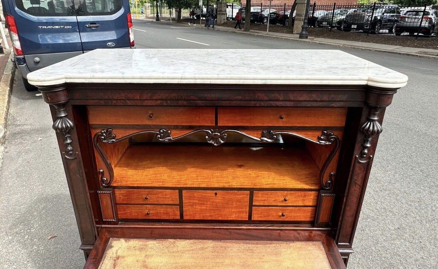 Antique Biedermeier Mahogany & Satinwood Secretary Abattant Desk With Marble Top