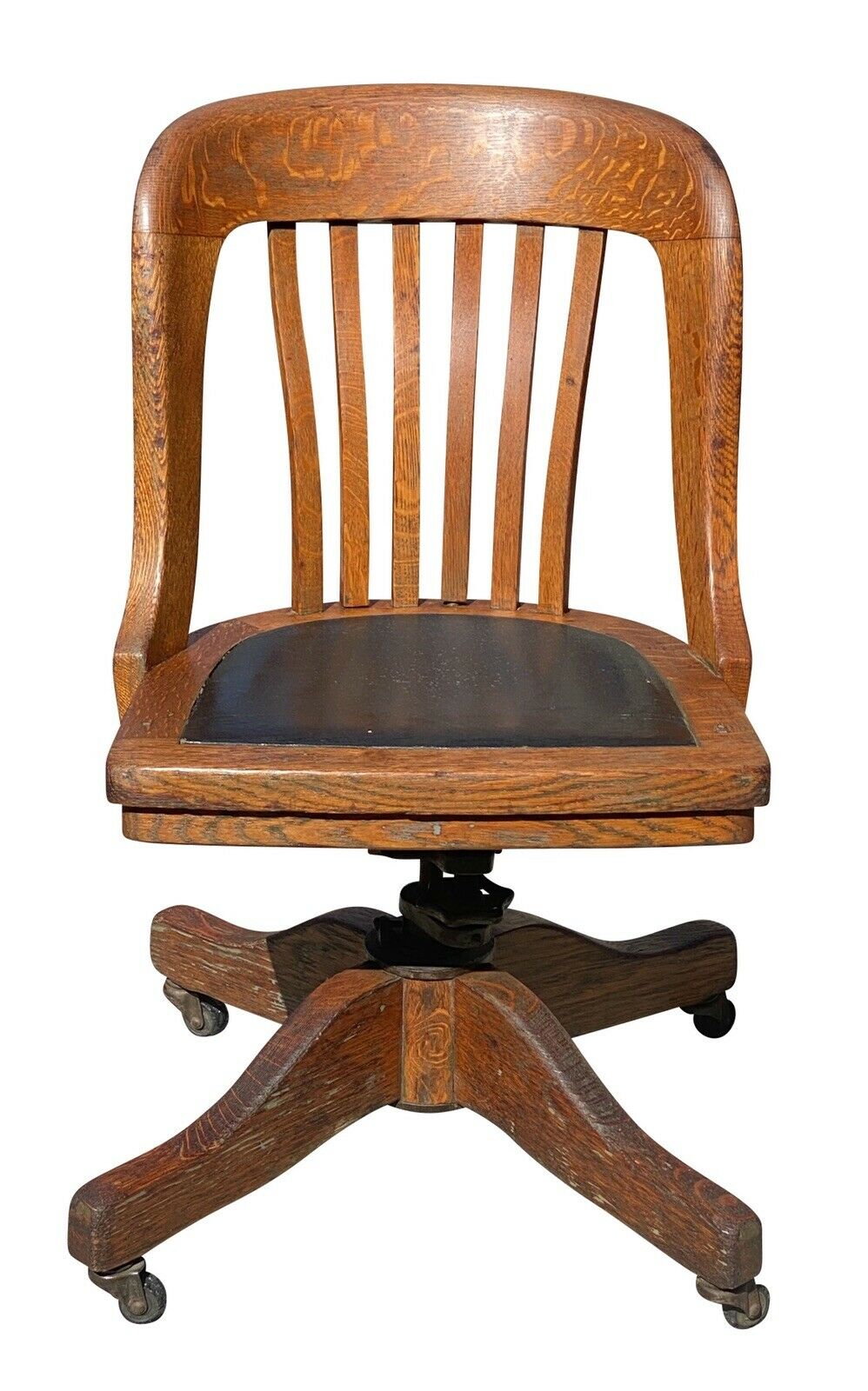 19TH C ANTIQUE VICTORIAN TIGER OAK SWIVEL OFFICE DESK CHAIR W/ LEATHER SEAT