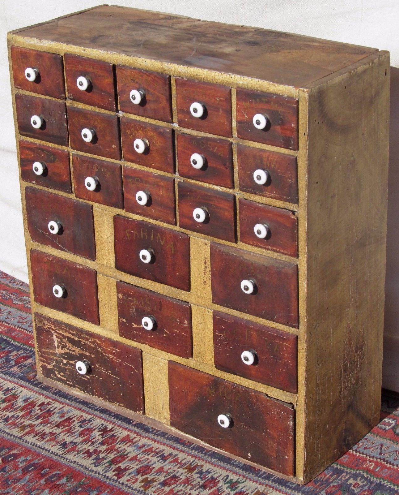 23 DRAWER EARLY 19TH CT SPONGE PAINT DECORATED TIN DRAWER SPICE CHEST-MAINE