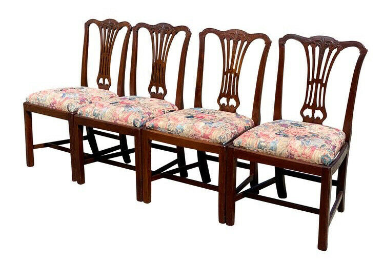 19TH C SET OF 8 ANTIQUE MAHOGANY CHIPPENDALE DINING CHAIRS W/ FLORAL SEATS