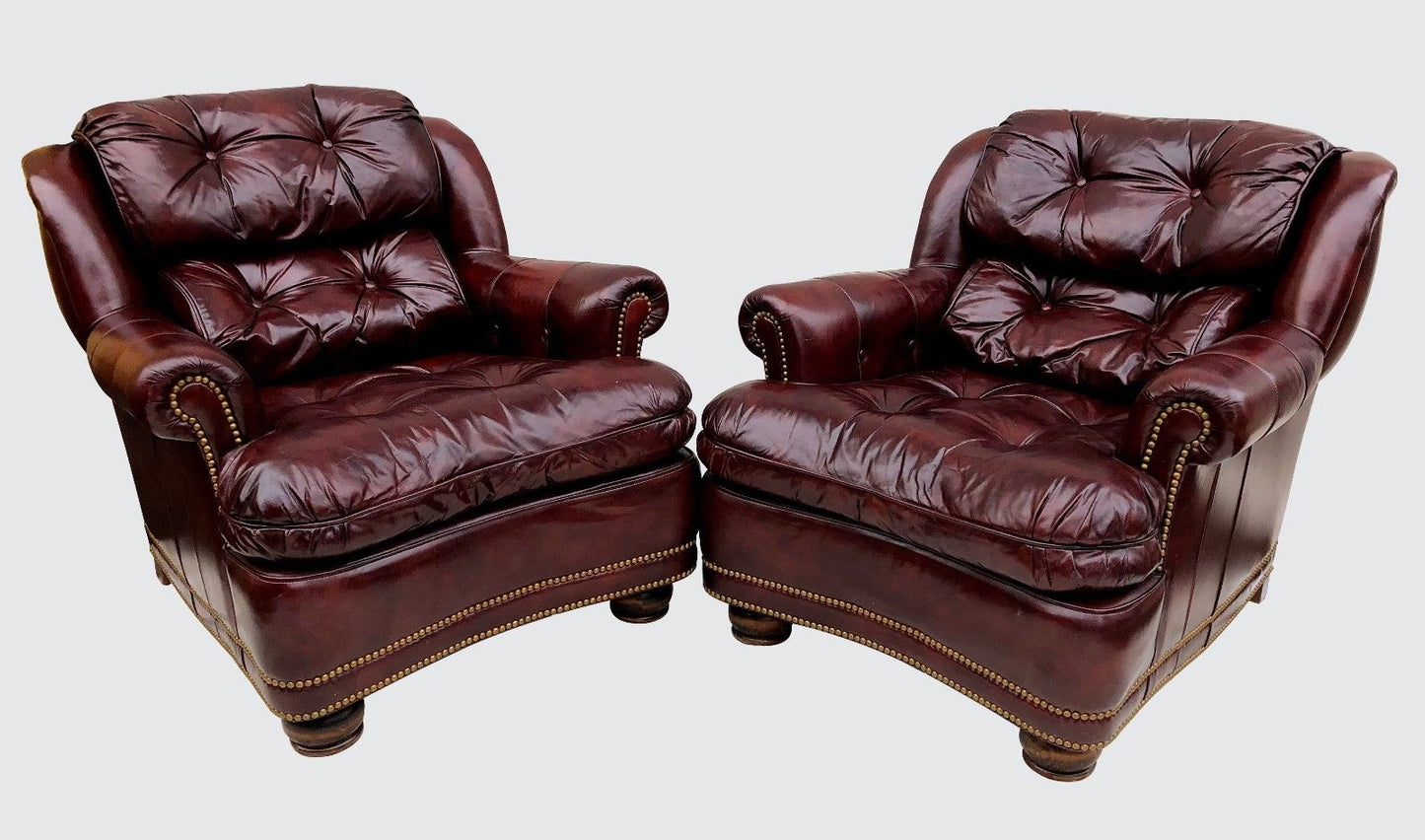 PAIR HANCOCK & MOORE WINE COLORED LEATHER CHESTERFIELD CLUB CHAIRS