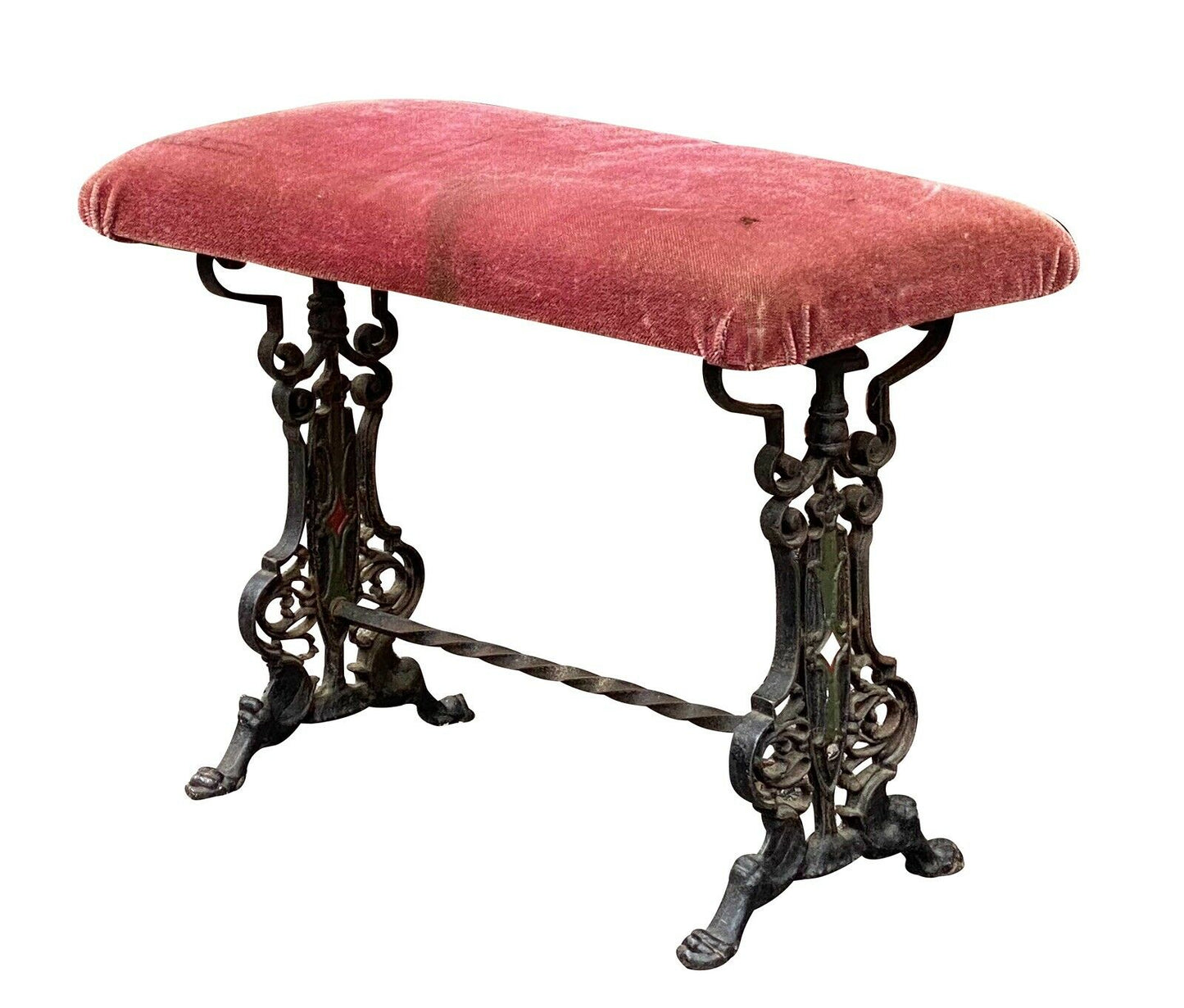 19th C Antique Victorian Cast Iron Window / Vanity Bench W/ Velvet Seat