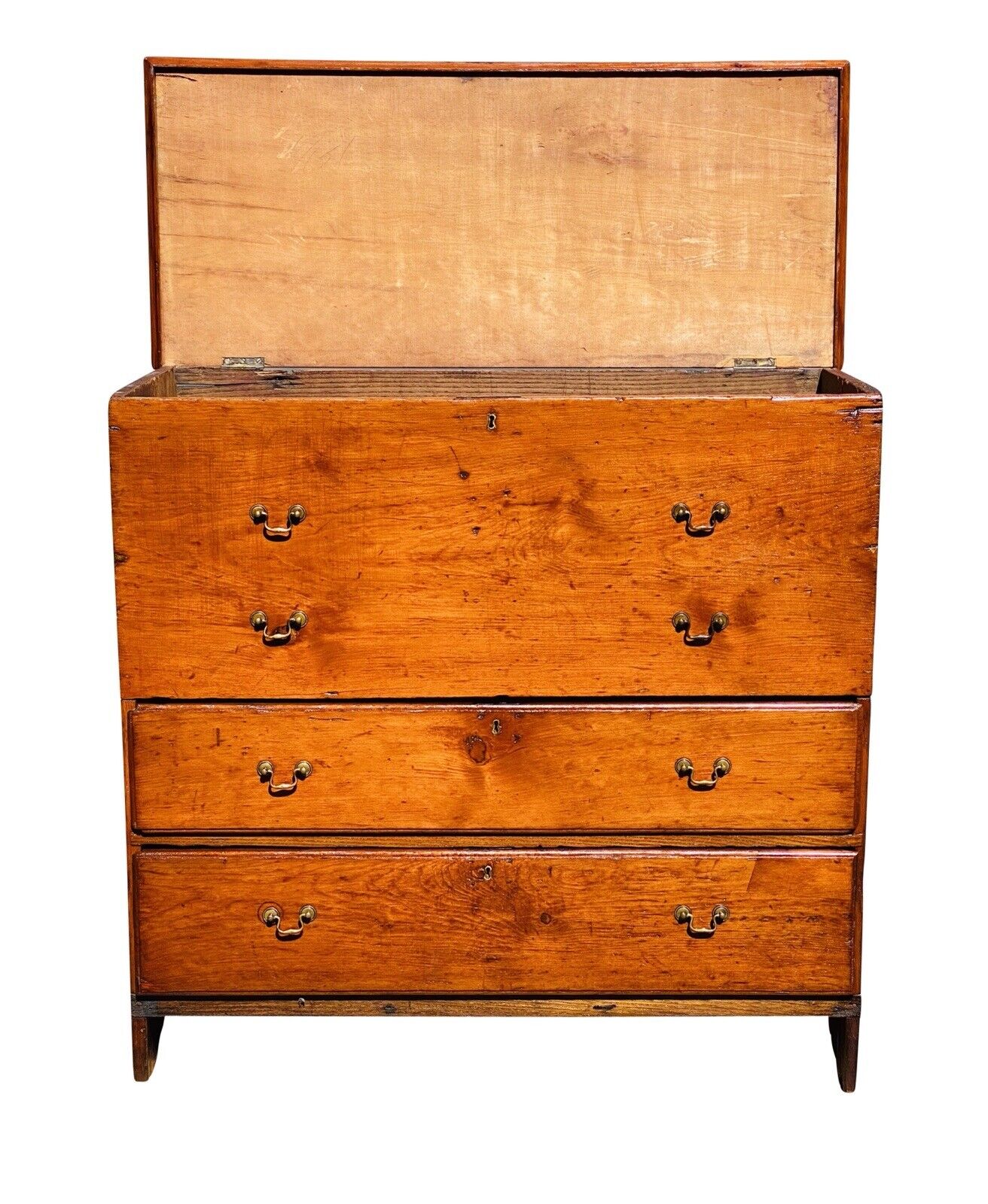 18TH C ANTIQUE NEW ENGLAND QUEEN ANNE PUMPKIN PINE BLANKET CHEST WITH 2 DRAWERS