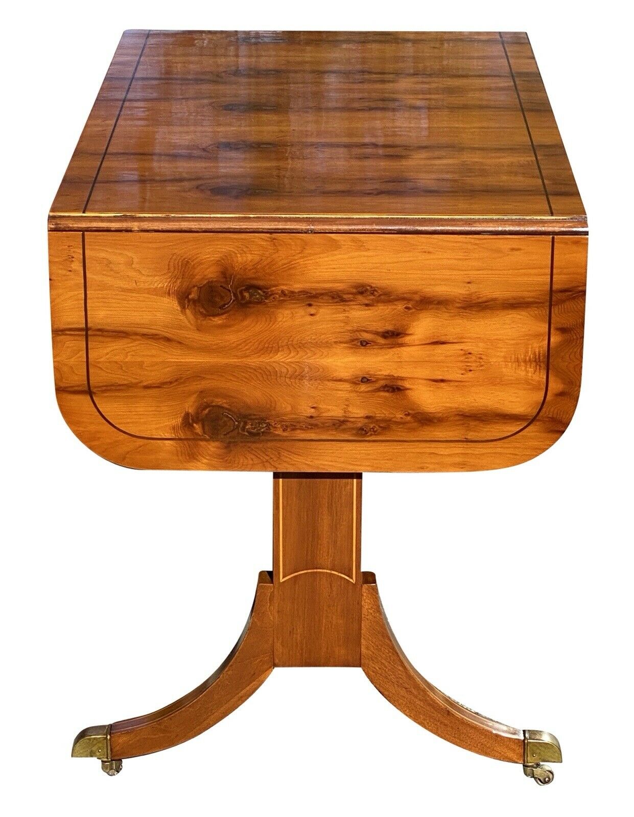 20TH C REGENCY ANTIQUE STYLE ELM & SATINWOOD DROP LEAF SOFA TABLE / DESK