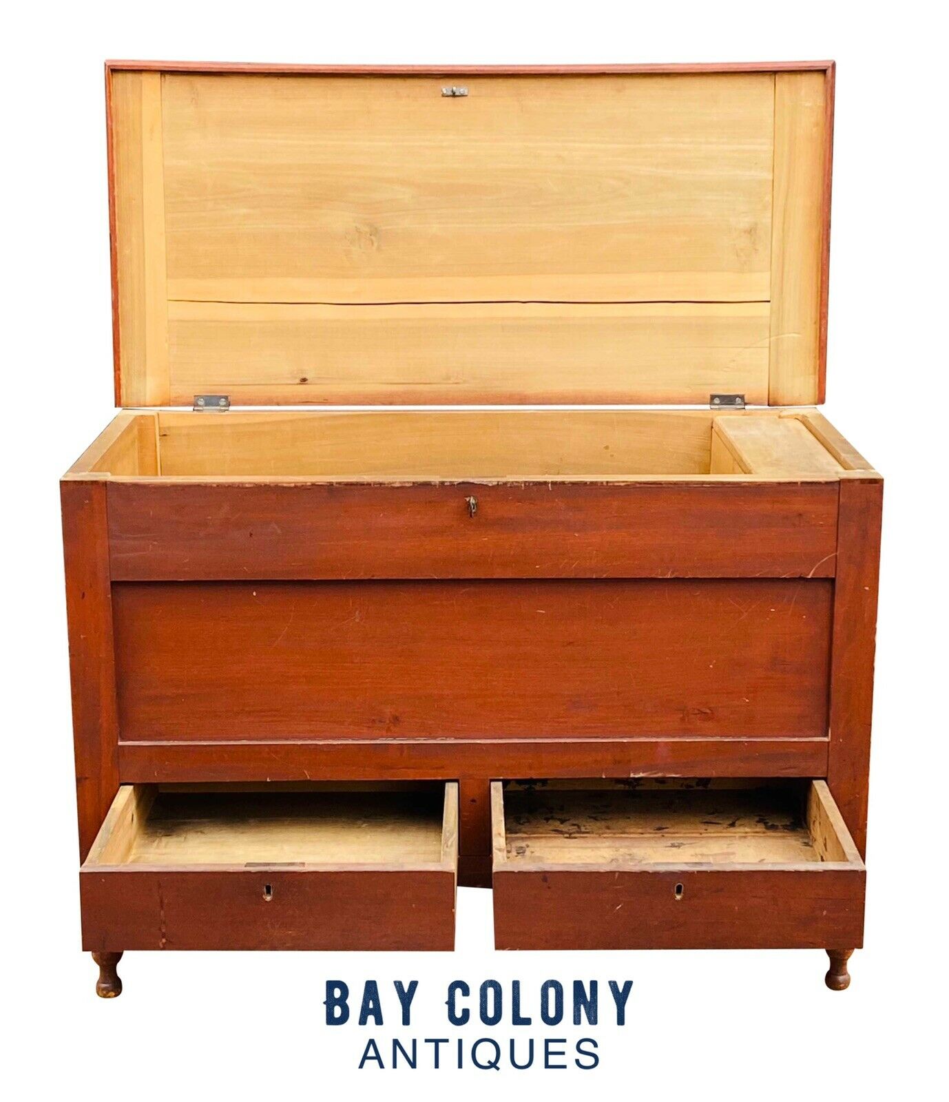 19th C Antique Federal Period Red Wash Blanket Box With 2 Drawers