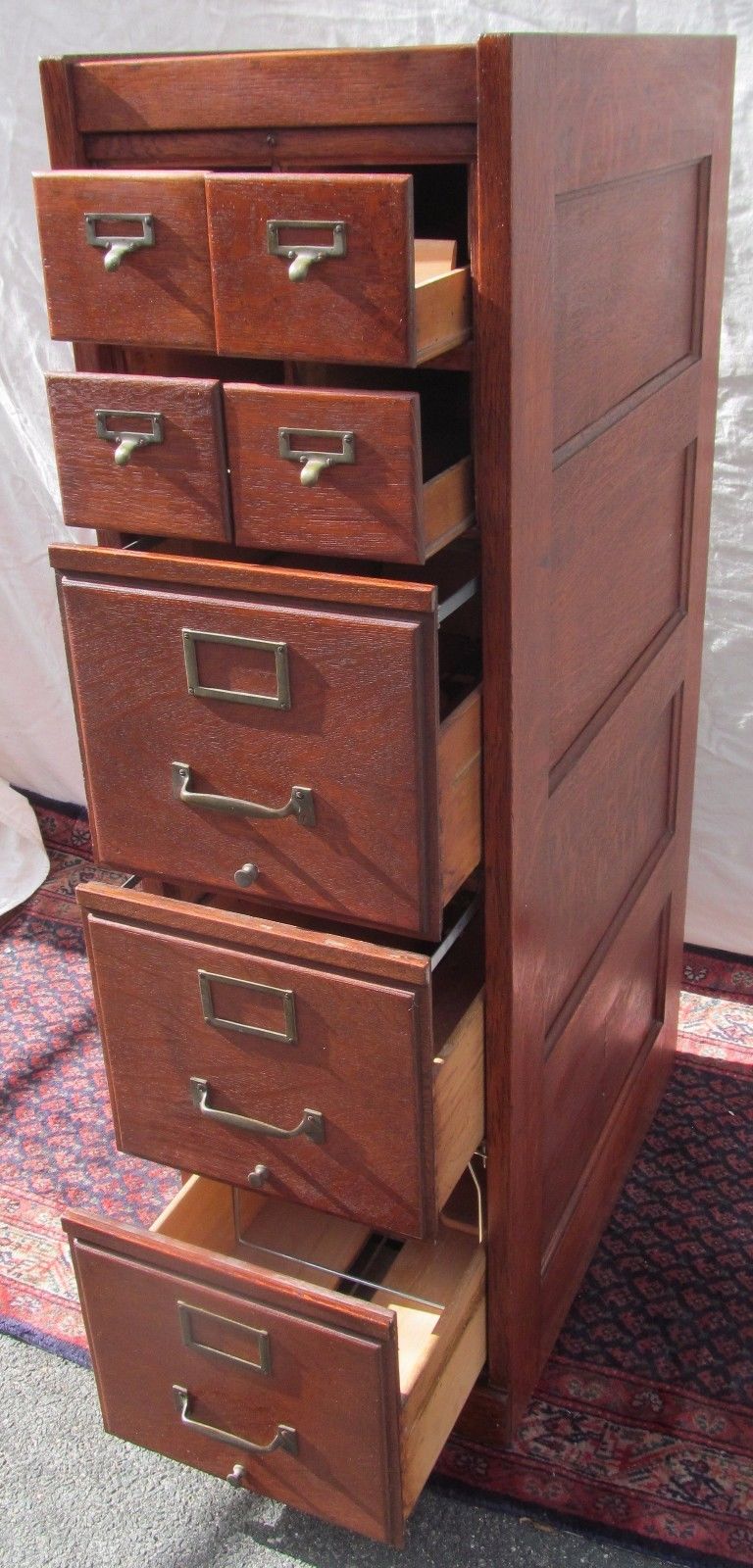 ANTIQUE ARTS & CRAFT OAK RAISED PANEL FILE CABINET WITH 4 OVER 3 DRAWER FORMAT