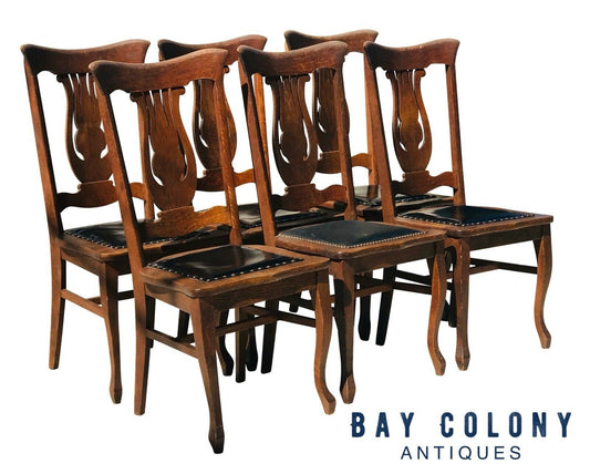 20TH C SET OF 6 ANTIQUE VICTORIAN TIGER OAK DINING CHAIRS  ~ SIKES CHAIR COMPANY