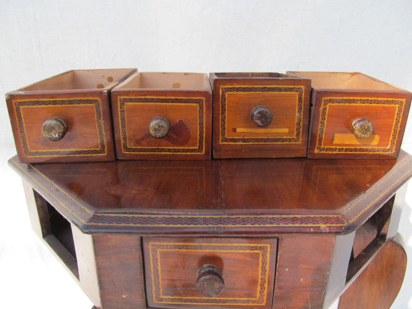 EXCEPTIONAL ANTIQUE FOLK ART INLAID SMOKING STAND WITH MATCHED INLAID HUMIDOR