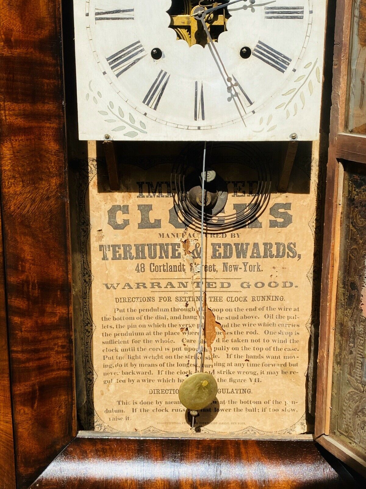19TH C ANTIQUE EMPIRE MAHOGANY TERHUNE & EDWARDS MANTLE / SHELF CLOCK