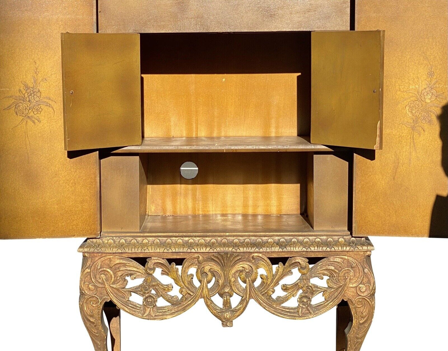 20th C Antique Chinoiserie Carved Liquor Cabinet / Cupboard