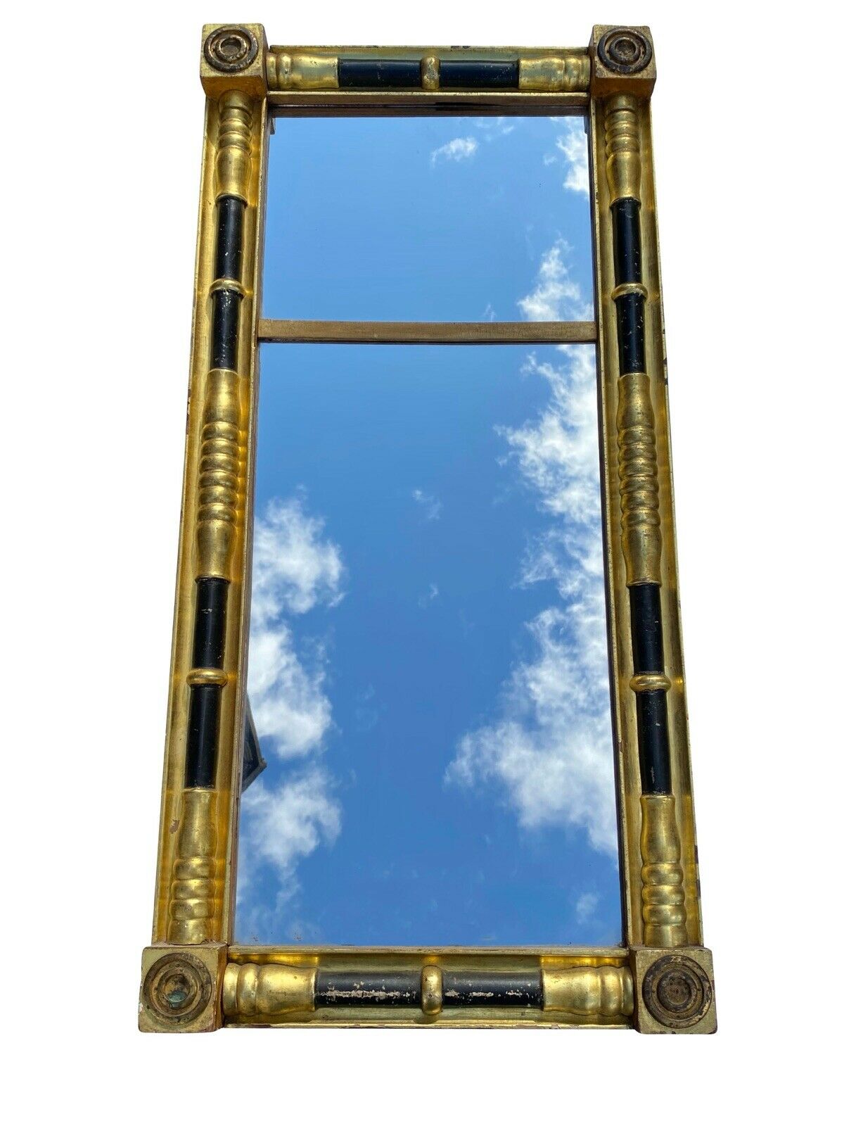 19TH C ANTIQUE SHERATON GOLD & BLACK 2 PANEL MIRROR