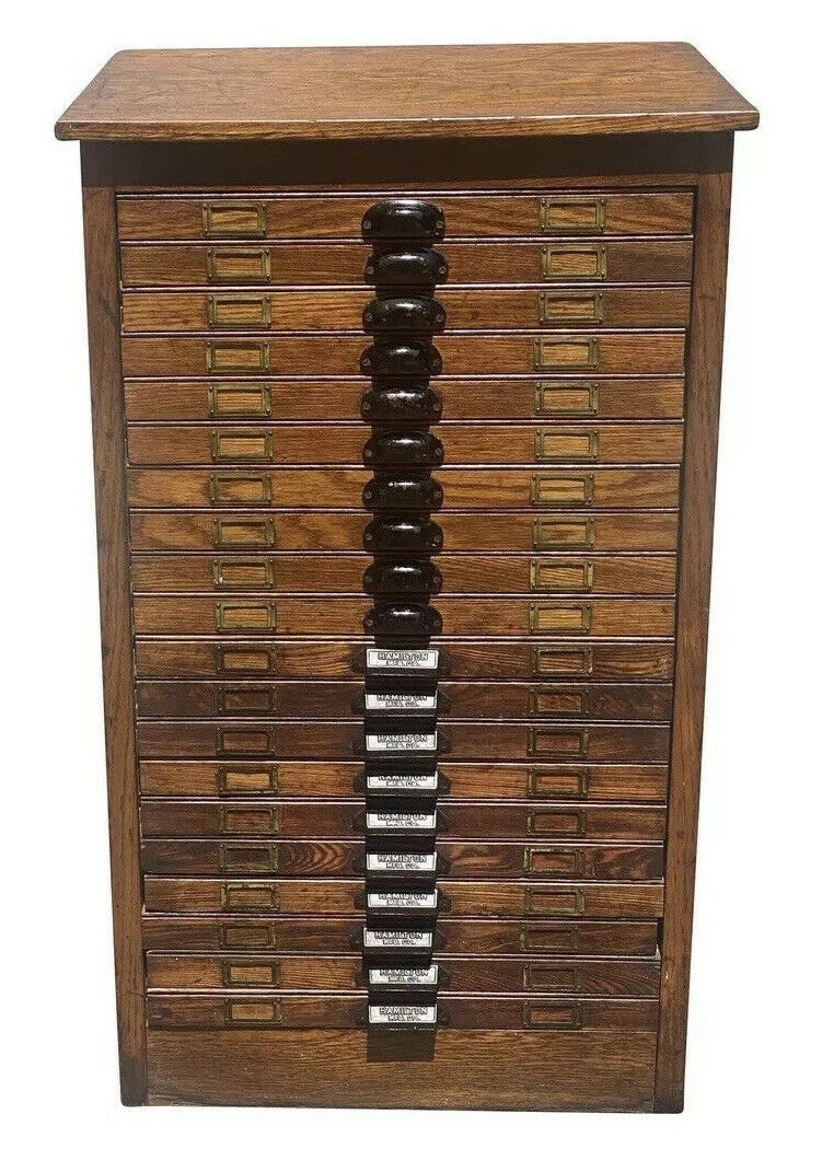 19TH C ANTIQUE VICTORIAN OAK HAMILTON MFG CO TYPE MAKER / PRINTERS FILE CABINET